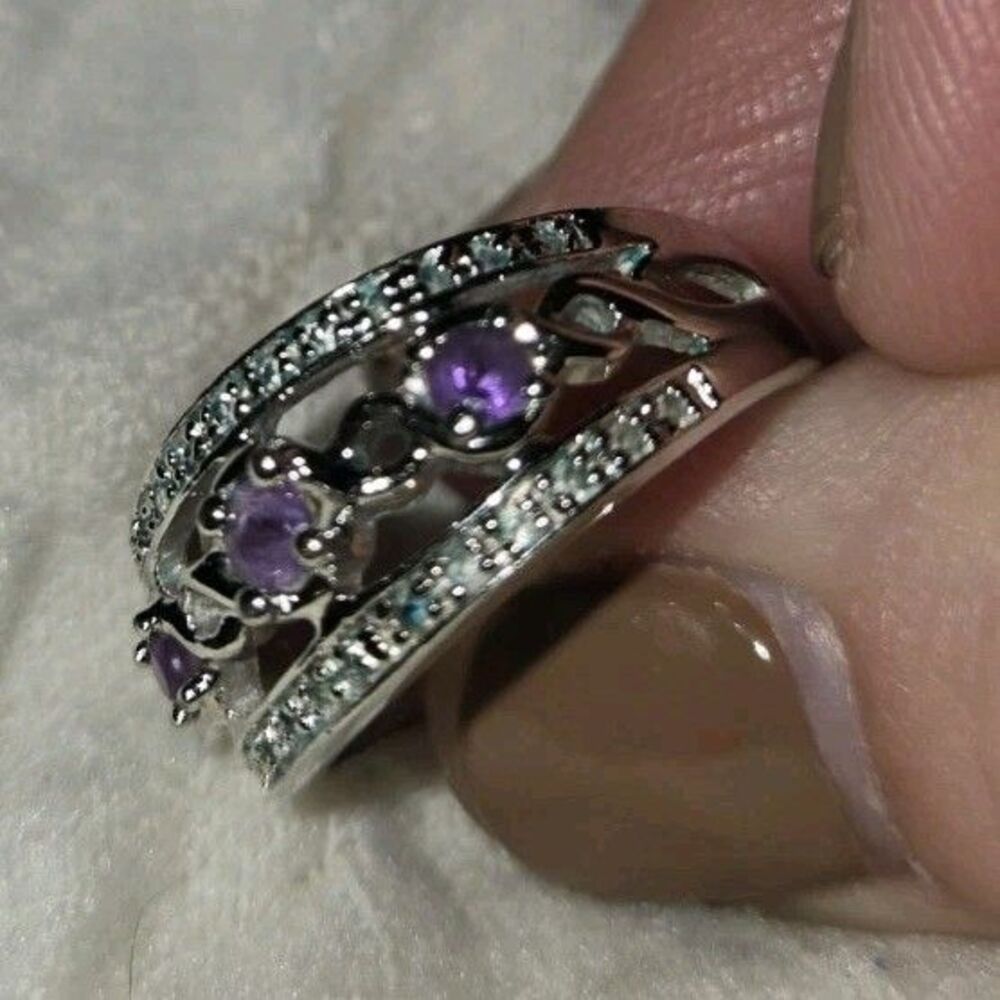 Lia Sophia Silver Ring with Round Purple Amethyst Stones, Gemstone